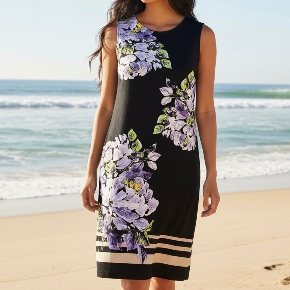 Chico's NWT Iona Floral Striped Sleeveless Shift Dress Black Purple Sz 1/US 8/M